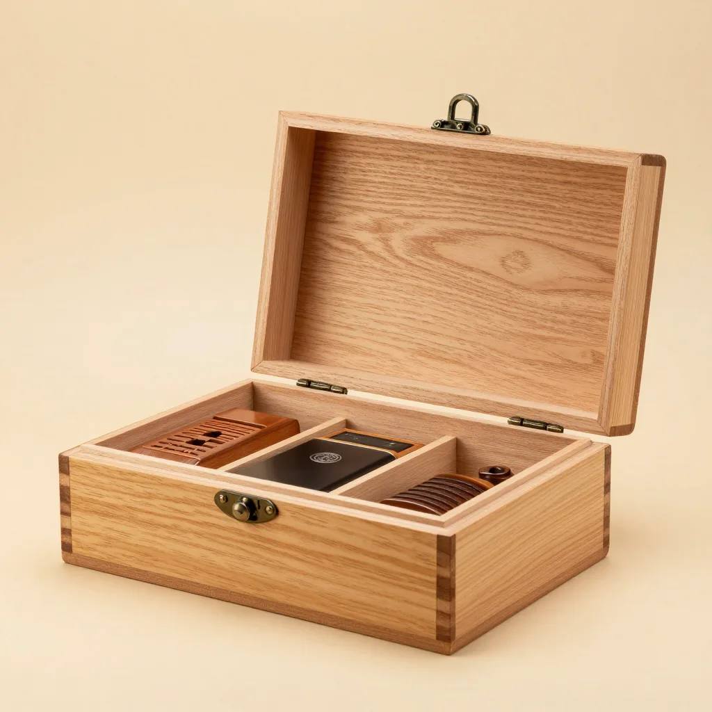 A cedar box and humidor set on a light background